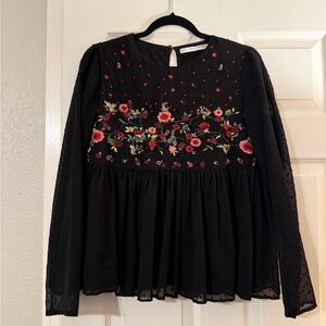 Zara Black Blouse with Red Floral Embroidery
